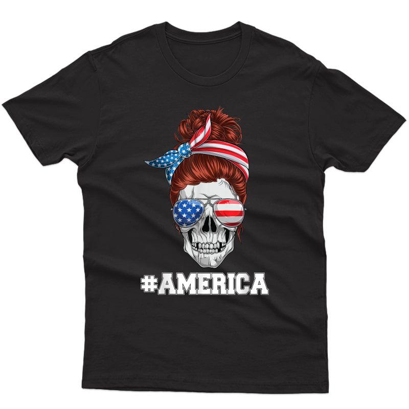 American Usa Flag Messy Bun Skull Mom 4th Of July T-shirt