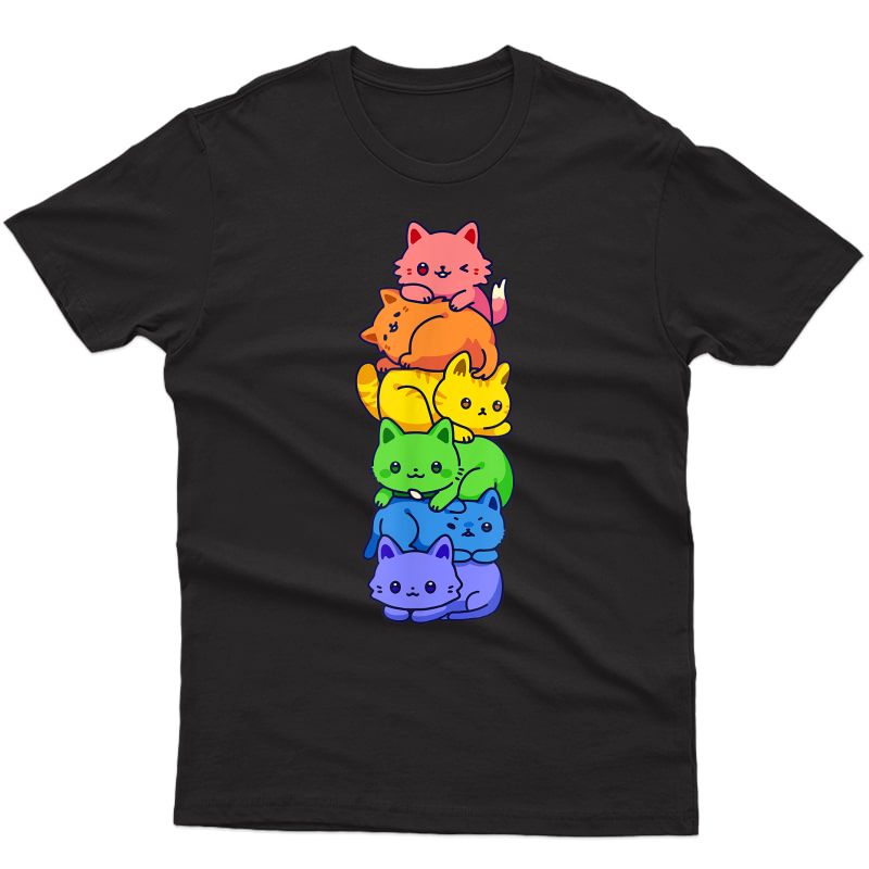Gay Pride Cat Lgbt Kawaii Cats Pile Cute Anime Rainbow Flag T-shirt