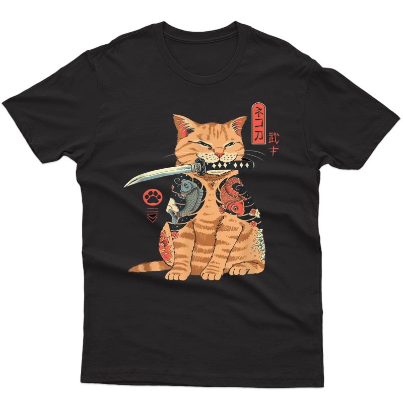 Japanese Samurai Ninja Cat Kawaii Tattoo Graphic T-shirt