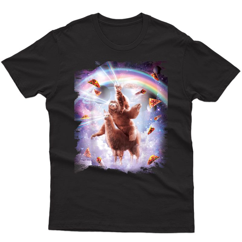 Laser Eyes Space Cat Riding Sloth, - Rainbow T-shirt