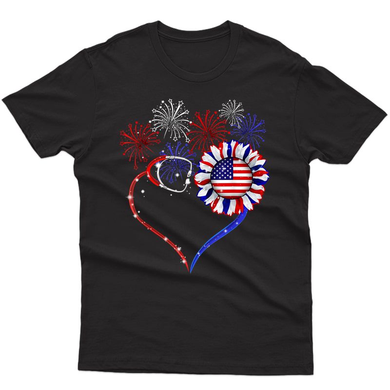 Nurse Butterfly And Sunflower America Flag 4th Of July Shirt T-shirt
