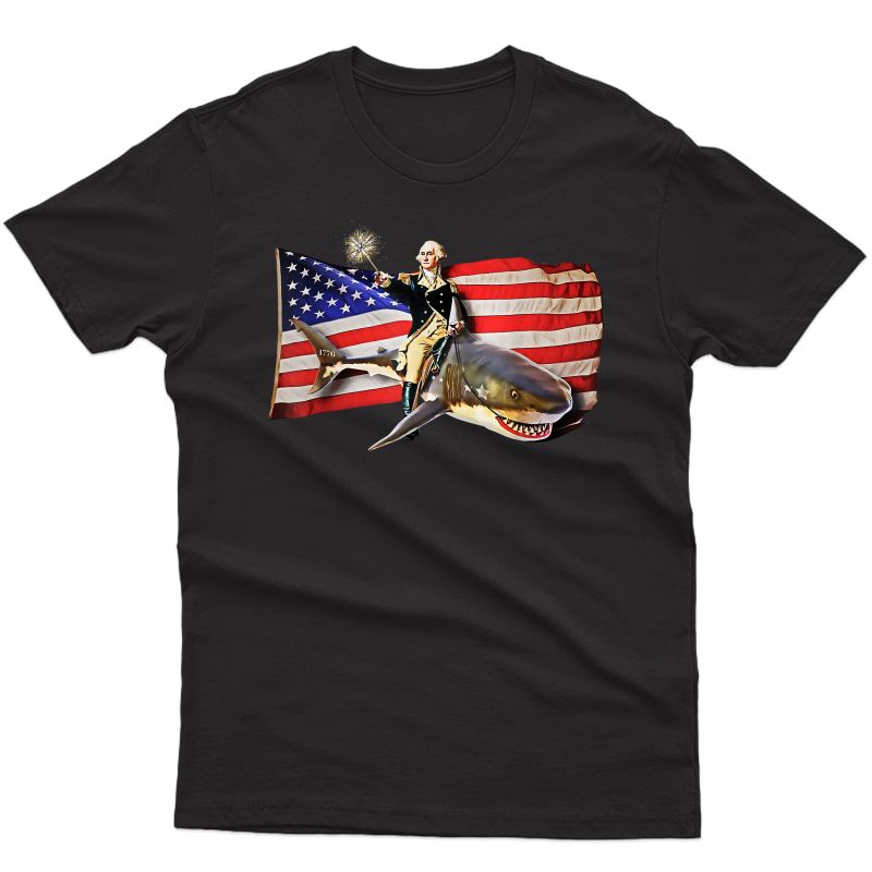 Washington Riding Shark T Shirt Funny July 4th American Flag T-shirt